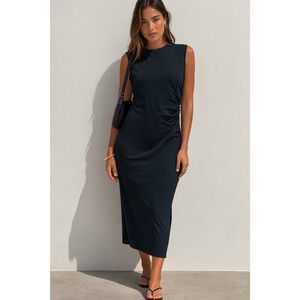 Vince Sheath Maxi Dress Size XL Black Sleeveless Side Ruching Slimming Summer